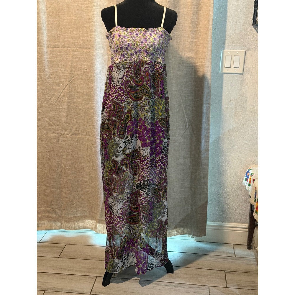 Kool Hearts Womens Purple Paisley Floral Smocked Maxi Dress Sleeveless Medium